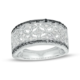 1/6 CT. T.W. Black and White Diamond Beaded Four-Point Star Pattern Band in Sterling Silver and Black Rhodium