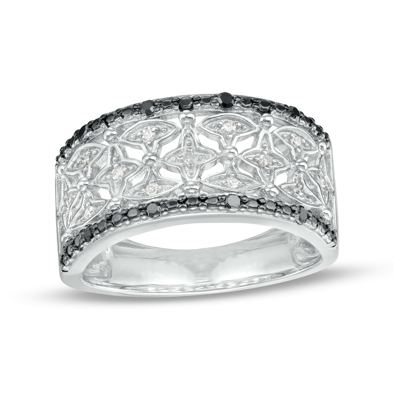 Main Image 1 of 1/6 CT. T.W. Black and White Diamond Beaded Four-Point Star Pattern Band in Sterling Silver and Black Rhodium