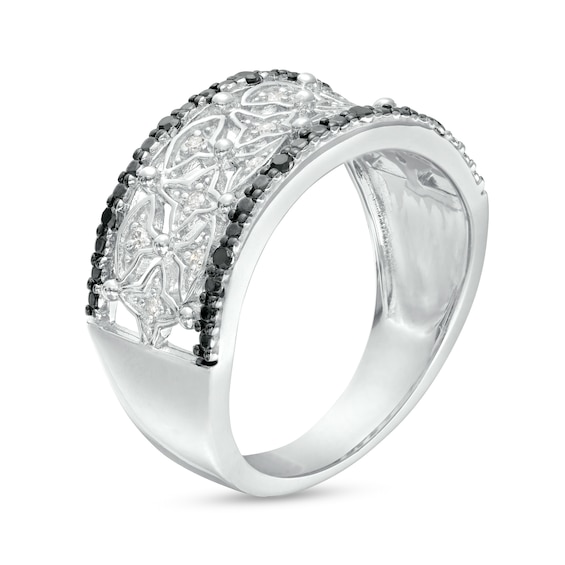 1/6 CT. T.w. Black and White Diamond Beaded Four-Point Star Pattern Band in Sterling Silver and Black Rhodium