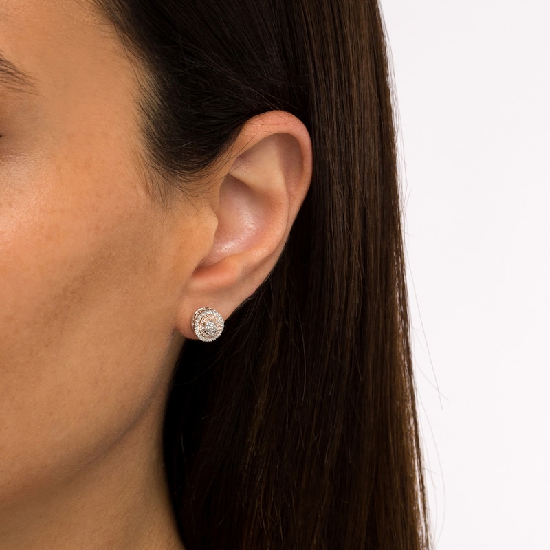 Main Image 2 of 1/6 CT. T.W. Oval-Shaped Multi-Diamond Double Frame Stud Earrings in Sterling Silver and 10K Rose Gold