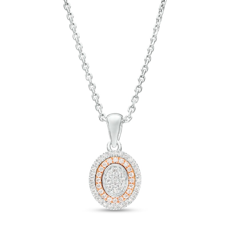 Main Image 1 of 1/6 CT. T.W. Oval-Shaped Multi-Diamond Double Frame Pendant in Sterling Silver and 10K Rose Gold
