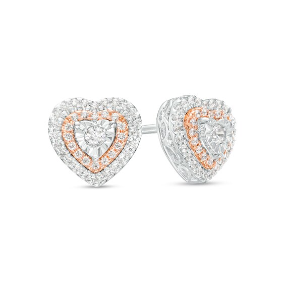 1/6 CT. T.w. Diamond Double Heart-Shaped Frame Stud Earrings in Sterling Silver and 10K Rose Gold