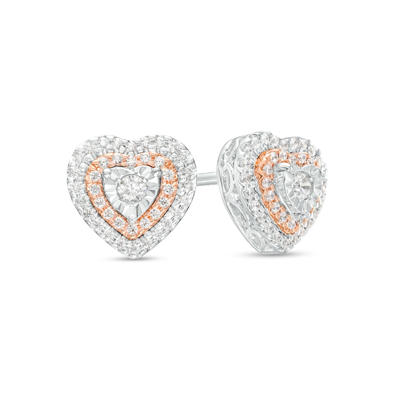 Main Image 1 of 1/6 CT. T.W. Diamond Double Heart-Shaped Frame Stud Earrings in Sterling Silver and 10K Rose Gold