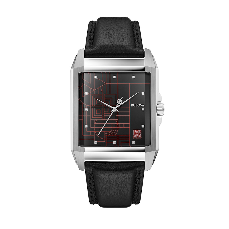 Men's Bulova Frank Lloyd Wright Black Leather Strap Watch with Rectangular Dial (Model: 96A223)