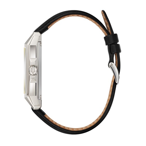 Men's Bulova Frank Lloyd Wright Black Leather Strap Watch with Rectangular Dial (Model: 96A223)