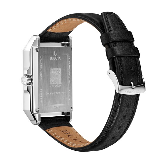 Men's Bulova Frank Lloyd Wright Black Leather Strap Watch with Rectangular Dial (Model: 96A223)