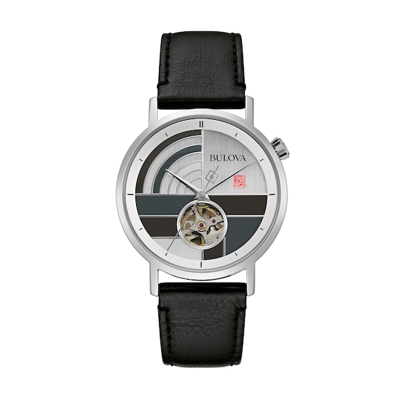Men's Bulova Frank Lloyd Wright Automatic Black Leather Strap Watch with Grey Dial (Model: 96A248)