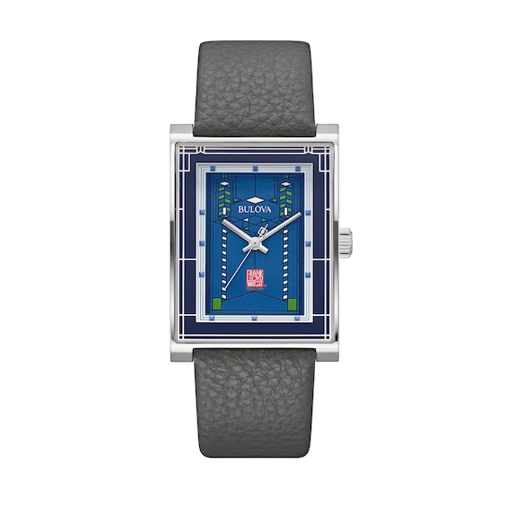 Men's Bulova Frank Lloyd Wright Grey Leather Strap Watch with Rectangular Blue Dial (Model: 96A287)