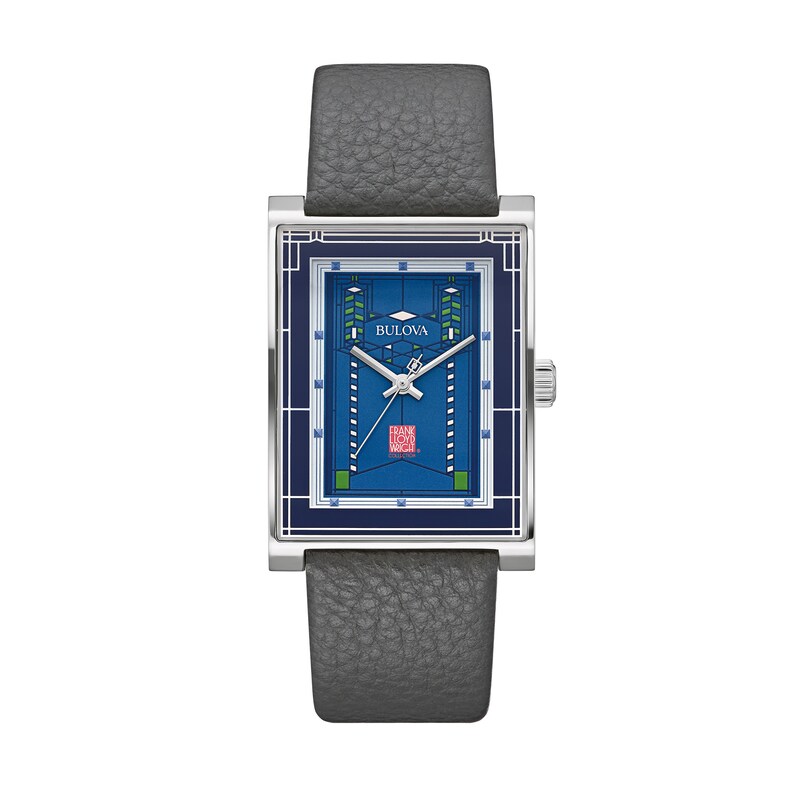 Men's Bulova Frank Lloyd Wright Grey Leather Strap Watch with Rectangular Blue Dial (Model: 96A287)