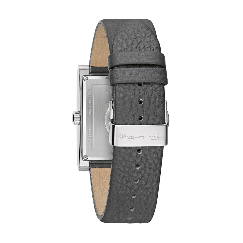 Men's Bulova Frank Lloyd Wright Grey Leather Strap Watch with Rectangular Blue Dial (Model: 96A287)