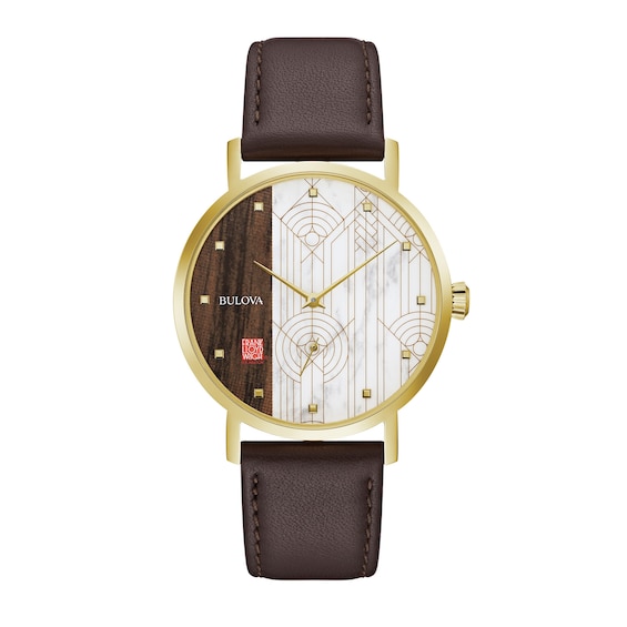 Men's Bulova Frank Lloyd Wright Gold-Tone Brown Leather Strap Watch with White Dial (Model: 97A141)