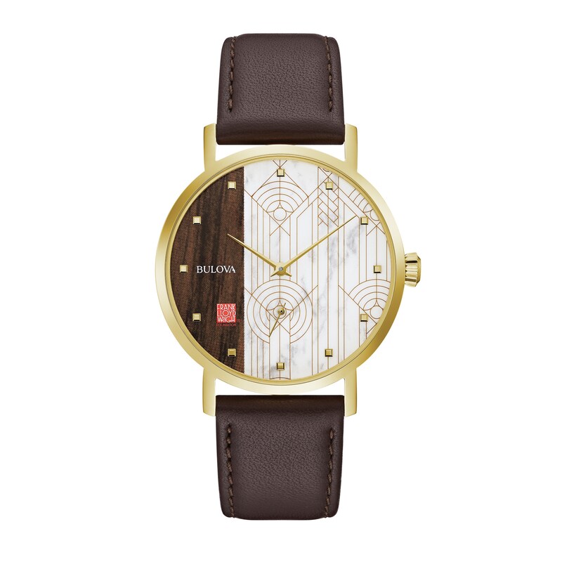 Main Image 1 of Men's Bulova Frank Lloyd Wright Gold-Tone Brown Leather Strap Watch with White Dial (Model: 97A141)