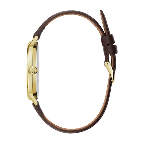 Men's Bulova Frank Lloyd Wright Gold-Tone Brown Leather Strap Watch with White Dial (Model: 97A141)