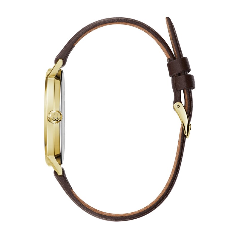 Main Image 2 of Men's Bulova Frank Lloyd Wright Gold-Tone Brown Leather Strap Watch with White Dial (Model: 97A141)
