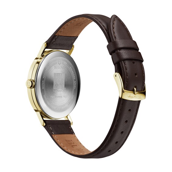 Men's Bulova Frank Lloyd Wright Gold-Tone Brown Leather Strap Watch with White Dial (Model: 97A141)