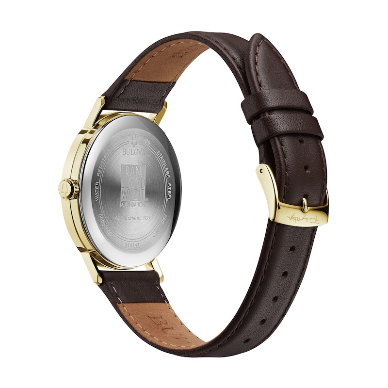 Main Image 3 of Men's Bulova Frank Lloyd Wright Gold-Tone Brown Leather Strap Watch with White Dial (Model: 97A141)