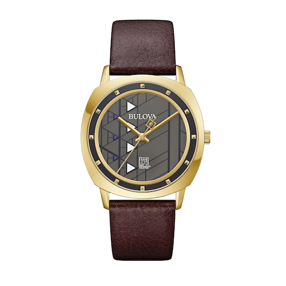 Men's Bulova Frank Lloyd Wright Gold-Tone Brown Leather Strap Watch with Grey Dial (Model: 97A173)