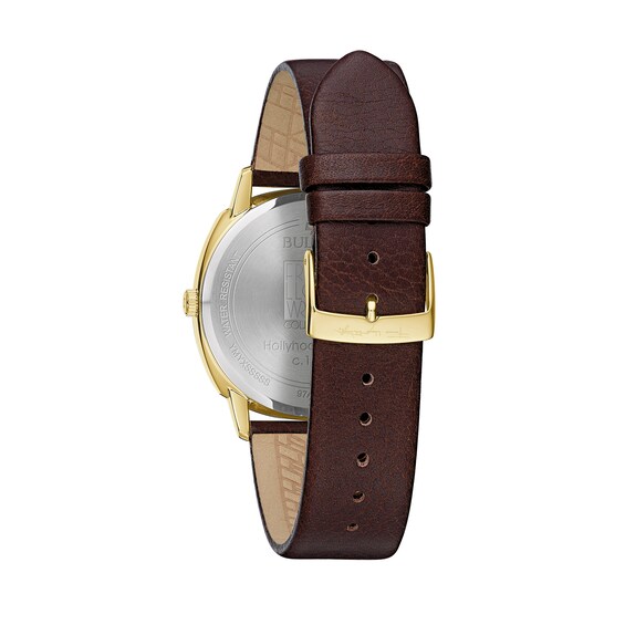 Men's Bulova Frank Lloyd Wright Gold-Tone Brown Leather Strap Watch with Grey Dial (Model: 97A173)