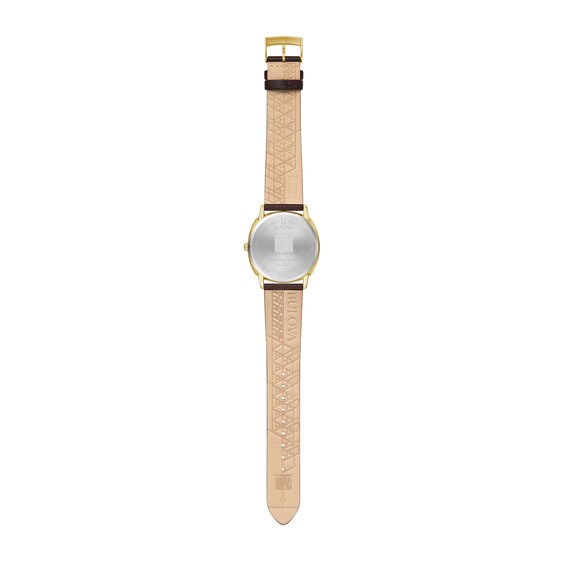 Men's Bulova Frank Lloyd Wright Gold-Tone Brown Leather Strap Watch with Grey Dial (Model: 97A173)