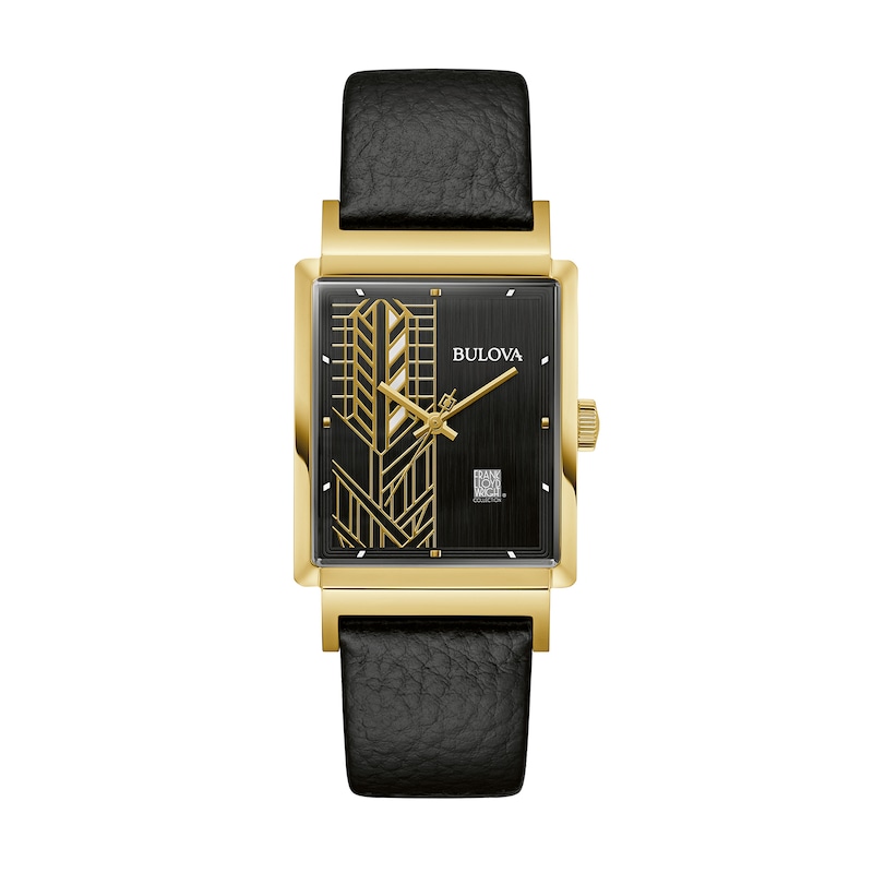 Men's Bulova Frank Lloyd Wright Gold-Tone Black Leather Strap Watch with Rectangular Dial (Model: 97A176)