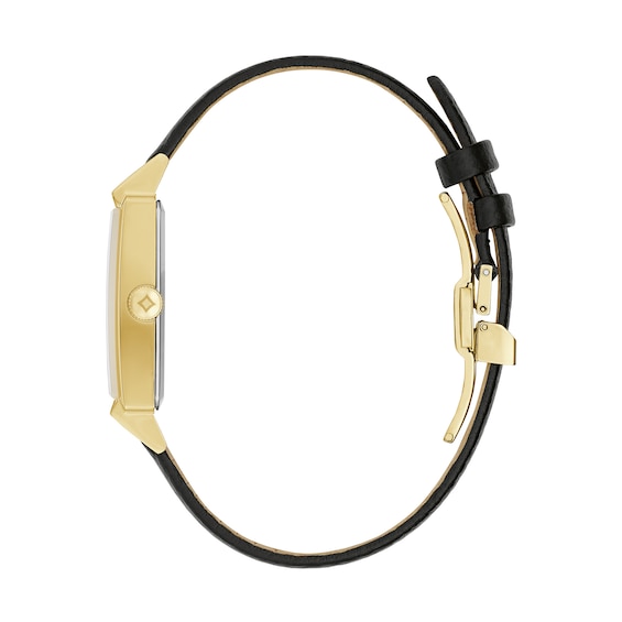 Men's Bulova Frank Lloyd Wright Gold-Tone Black Leather Strap Watch with Rectangular Dial (Model: 97A176)