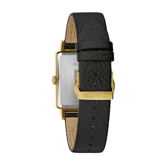 Men's Bulova Frank Lloyd Wright Gold-Tone Black Leather Strap Watch with Rectangular Dial (Model: 97A176)