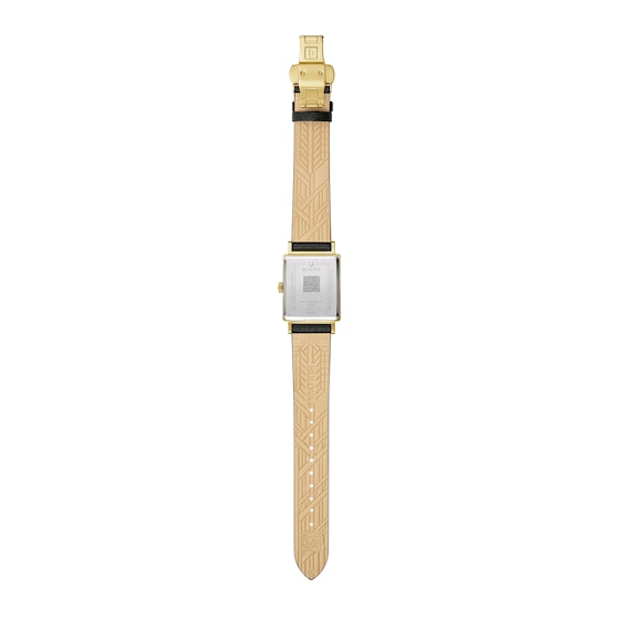 Men's Bulova Frank Lloyd Wright Gold-Tone Black Leather Strap Watch with Rectangular Dial (Model: 97A176)