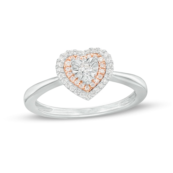 1/6 CT. T.w. Diamond Double Heart-Shaped Frame Ring in Sterling Silver and 10K Rose Gold