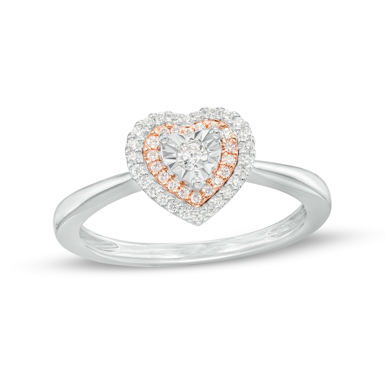 Main Image 1 of 1/6 CT. T.W. Diamond Double Heart-Shaped Frame Ring in Sterling Silver and 10K Rose Gold