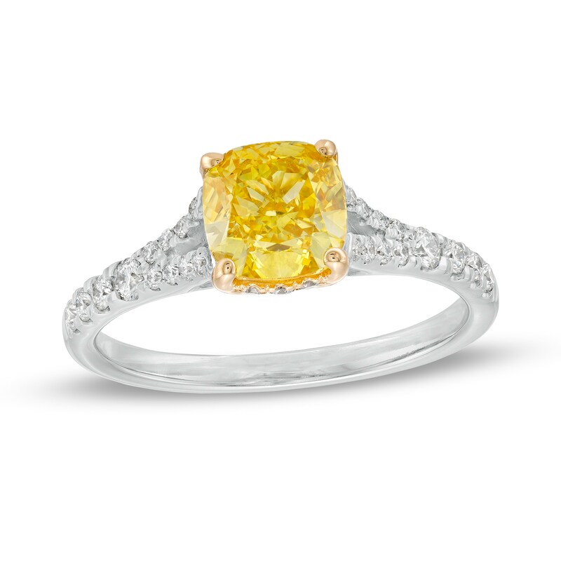 1-3/4 CT. T.W. Certified Cushion-Cut Yellow Lab-Created Diamond Frame Split Shank Engagement Ring in 14K White Gold