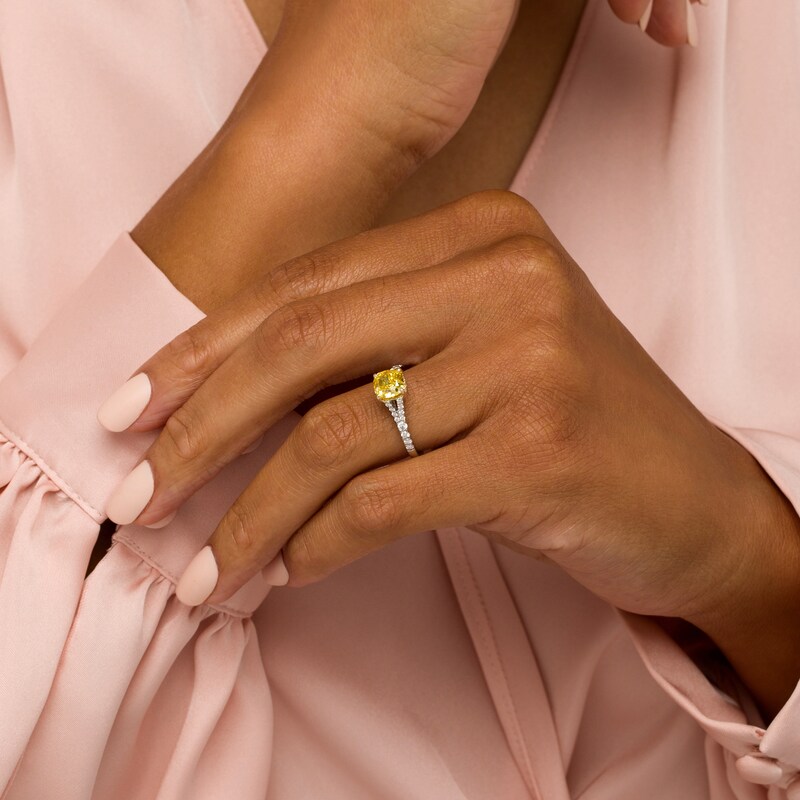 Main Image 2 of 1-3/4 CT. T.W. Certified Cushion-Cut Yellow Lab-Grown Diamond Frame Split Shank Engagement Ring in 14K White Gold