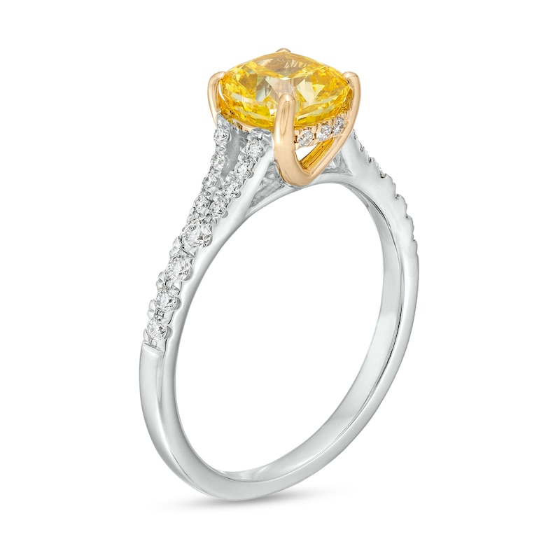 Main Image 3 of 1-3/4 CT. T.W. Certified Cushion-Cut Yellow Lab-Grown Diamond Frame Split Shank Engagement Ring in 14K White Gold