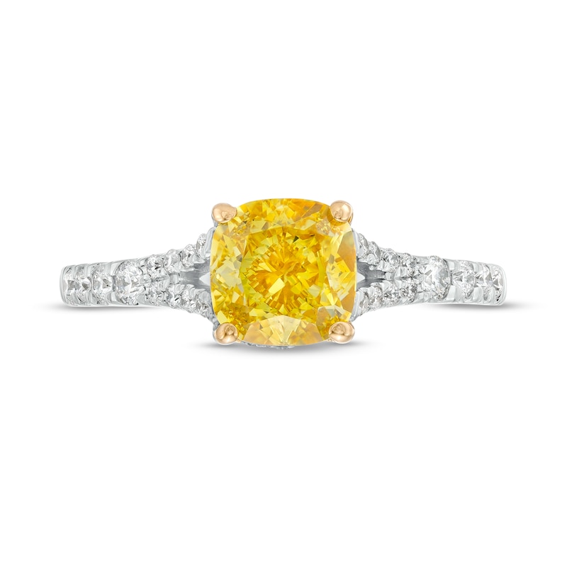 1-3/4 CT. T.W. Certified Cushion-Cut Yellow Lab-Created Diamond Frame Split Shank Engagement Ring in 14K White Gold