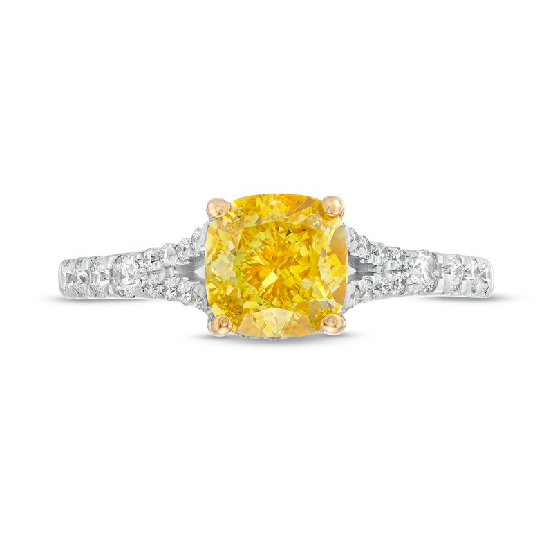 1-3/4 CT. T.W. Certified Cushion-Cut Yellow Lab-Created Diamond Frame Split Shank Engagement Ring in 14K White Gold