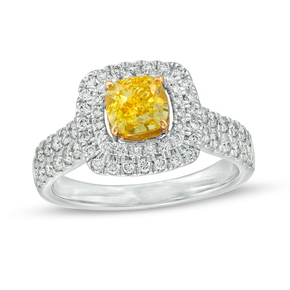 1-3/4 CT. T.w. Certified Cushion-Cut Yellow Lab-Created Diamond Double Frame Engagement Ring in 14K White Gold