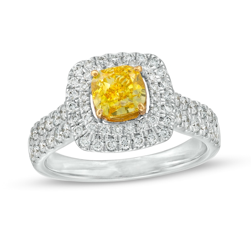 1-3/4 CT. T.W. Certified Cushion-Cut Yellow Lab-Created Diamond Double Frame Engagement Ring in 14K White Gold