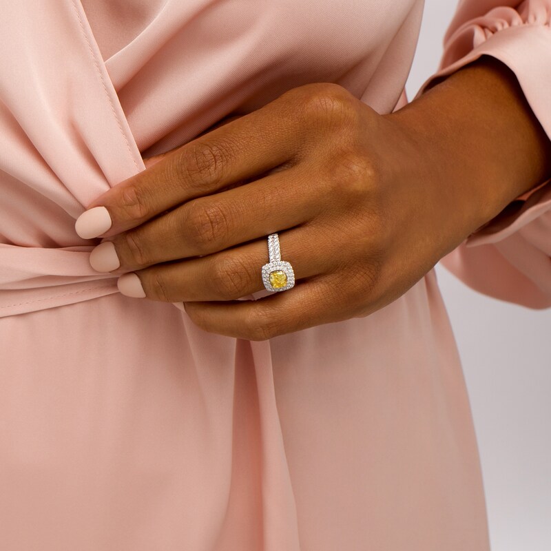 Main Image 2 of 1-3/4 CT. T.W. Certified Cushion-Cut Yellow Lab-Grown Diamond Double Frame Engagement Ring in 14K White Gold