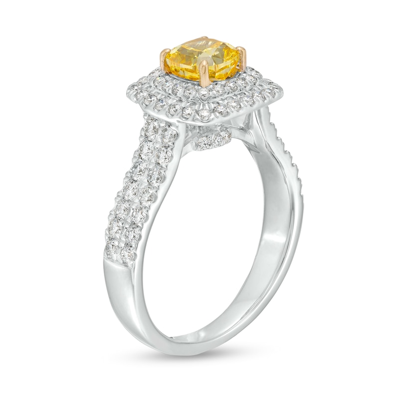 1-3/4 CT. T.W. Certified Cushion-Cut Yellow Lab-Created Diamond Double Frame Engagement Ring in 14K White Gold