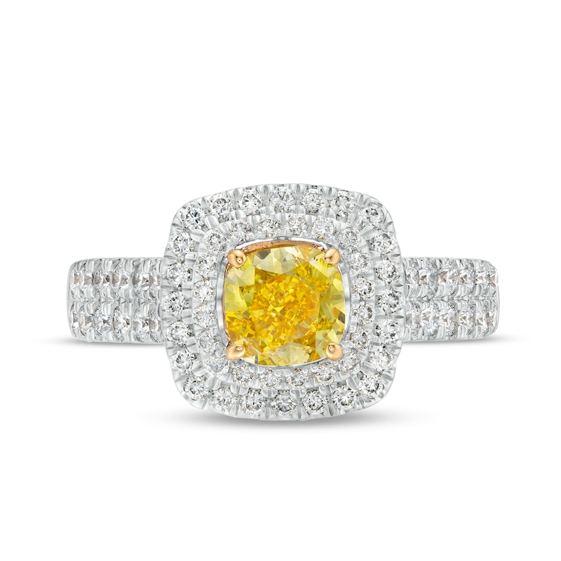 1-3/4 CT. T.W. Certified Cushion-Cut Yellow Lab-Created Diamond Double Frame Engagement Ring in 14K White Gold