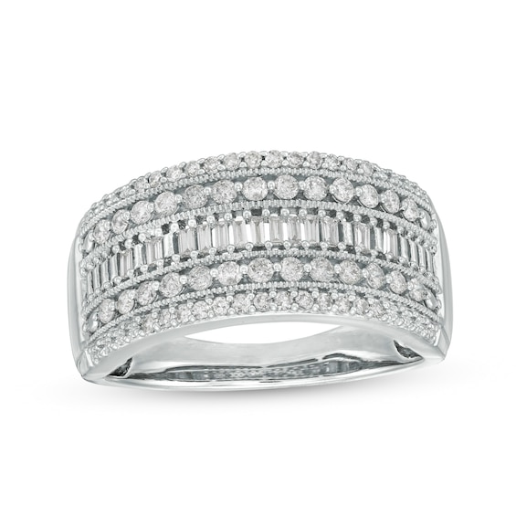 1/2 CT. T.w. Baguette and Round Diamond Multi-Row Anniversary Band in 10K White Gold