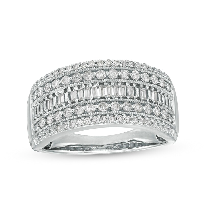Main Image 1 of 1/2 CT. T.W. Baguette and Round Diamond Multi-Row Anniversary Band in 10K White Gold