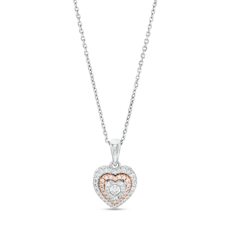 Main Image 1 of 1/6 CT. T.W. Diamond Double Heart-Shaped Frame Pendant in Sterling Silver and 10K Rose Gold