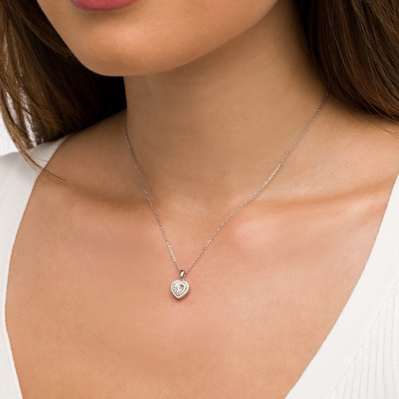 Main Image 2 of 1/6 CT. T.W. Diamond Double Heart-Shaped Frame Pendant in Sterling Silver and 10K Rose Gold