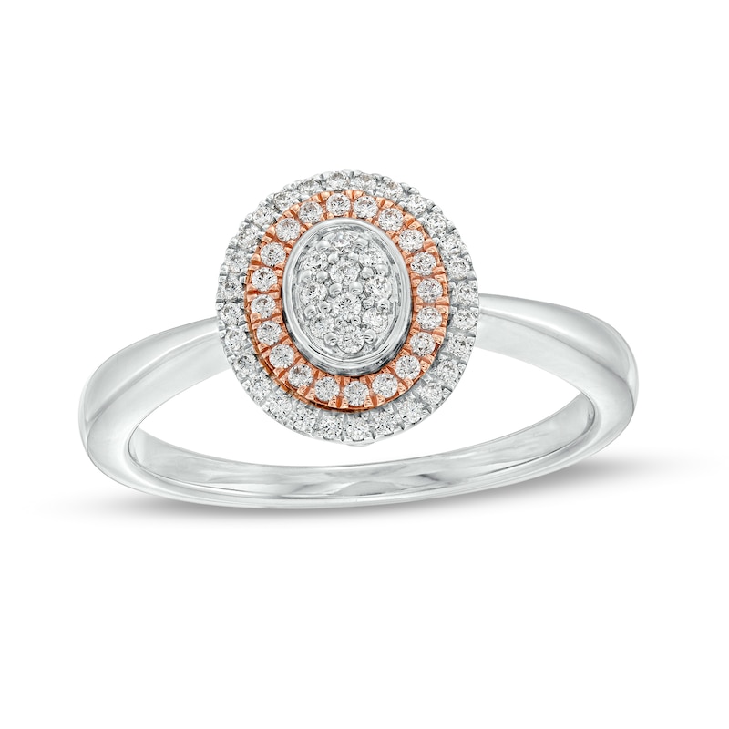 Main Image 1 of 1/6 CT. T.W. Oval-Shaped Multi-Diamond Double Frame Ring in Sterling Silver and 10K Rose Gold