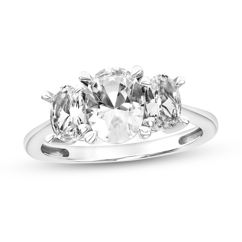 Main Image 1 of Oval White Lab-Created Sapphire Three Stone Engagement Ring in 10K White Gold
