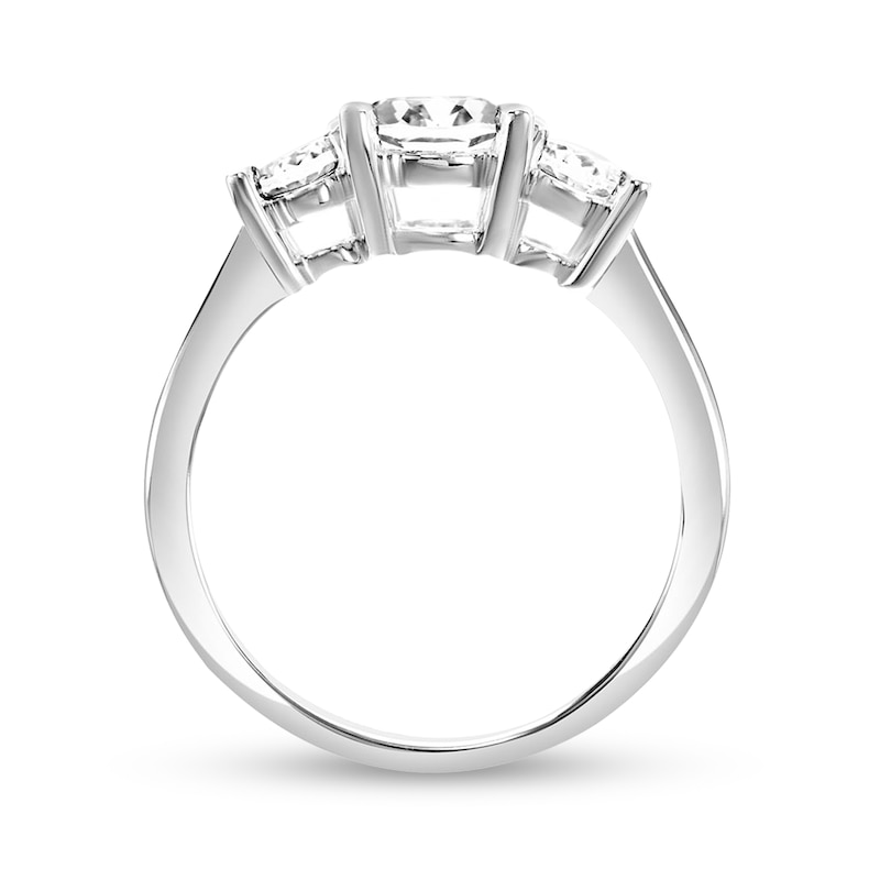 Main Image 3 of Oval White Lab-Created Sapphire Three Stone Engagement Ring in 10K White Gold
