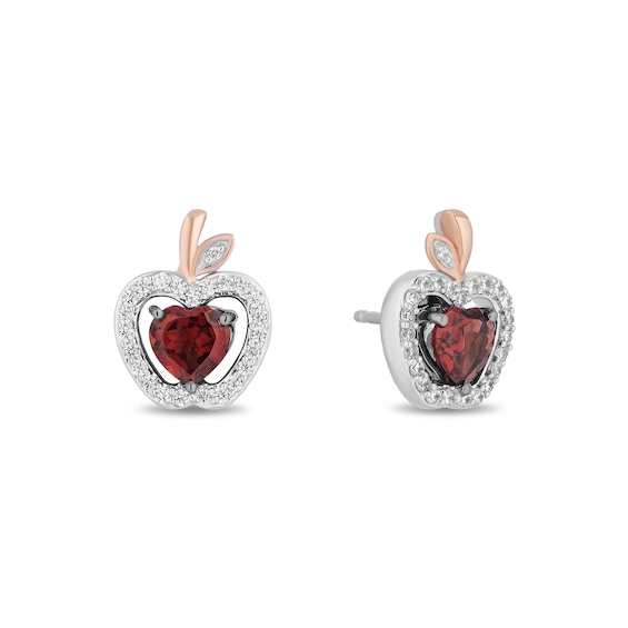 Enchanted Disney Snow White Garnet and 1/5 CT. T.w. Diamond Stud Earrings in Sterling Silver and 10K Rose Gold