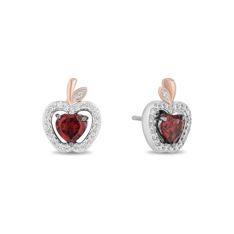 Main Image 1 of Enchanted Disney Snow White Garnet and 1/5 CT. T.W. Diamond Stud Earrings in Sterling Silver and 10K Rose Gold