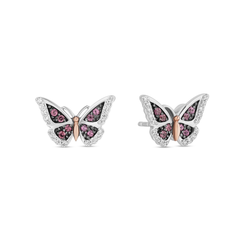 Main Image 1 of Enchanted Disney Mulan Rhodolite Garnet and 1/6 CT. T.W. Diamond Stud Earrings in Sterling Silver and 10K Rose Gold
