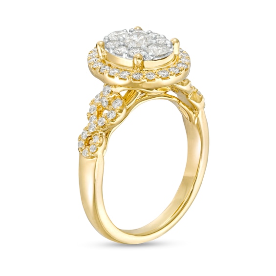 1 CT. T.w. Oval-Shaped Multi-Diamond Frame Twist Shank Engagement Ring in 14K Gold (I/I2)
